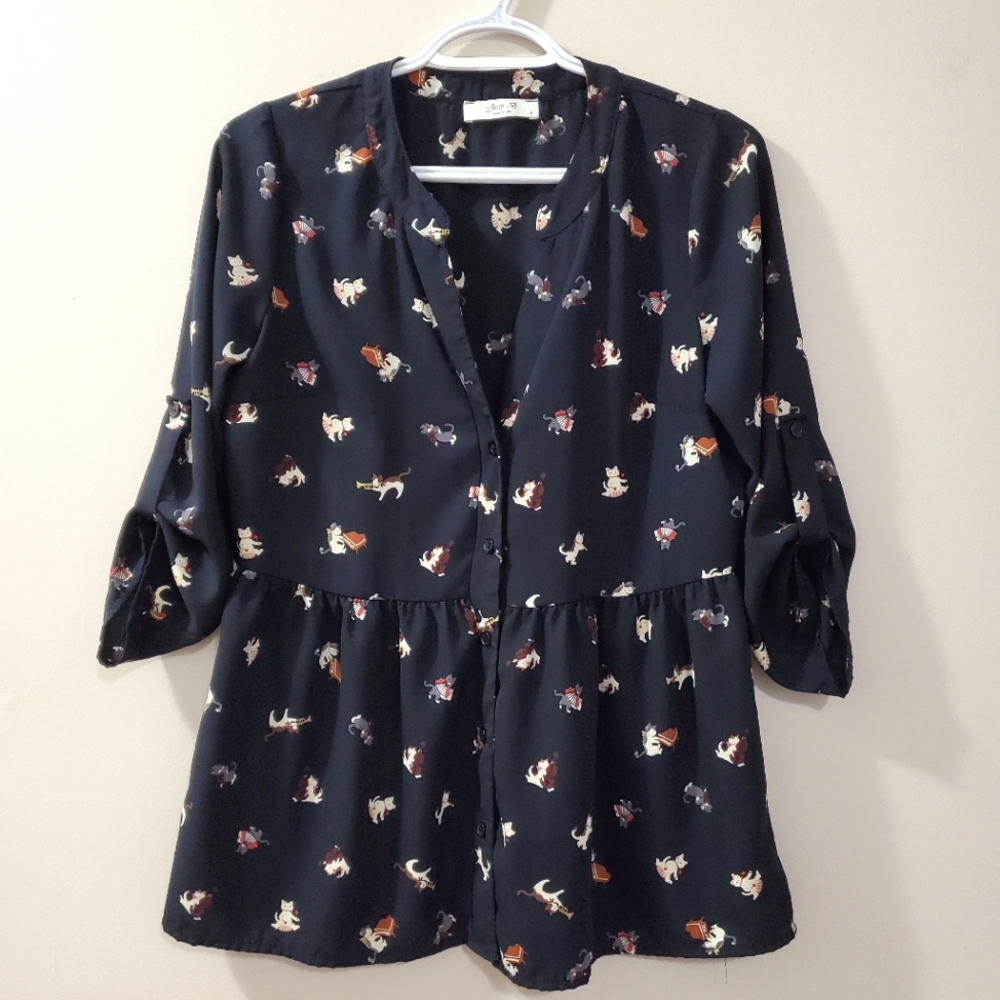 Jessy B (Modcloth) - Musical Instrument Cats Print Blouse - Size S